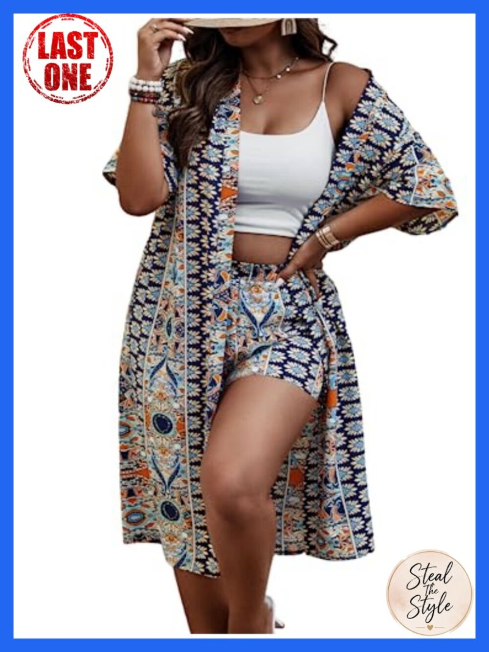 Plus Size Boho Print Kimono and Shorts Set, 2 Piece Casual Outfit